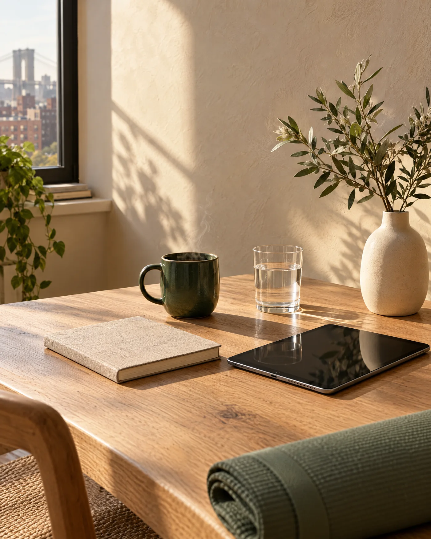 Illustrative still life of a tablet, notebook, and green ceramic mug beside a sunlit window