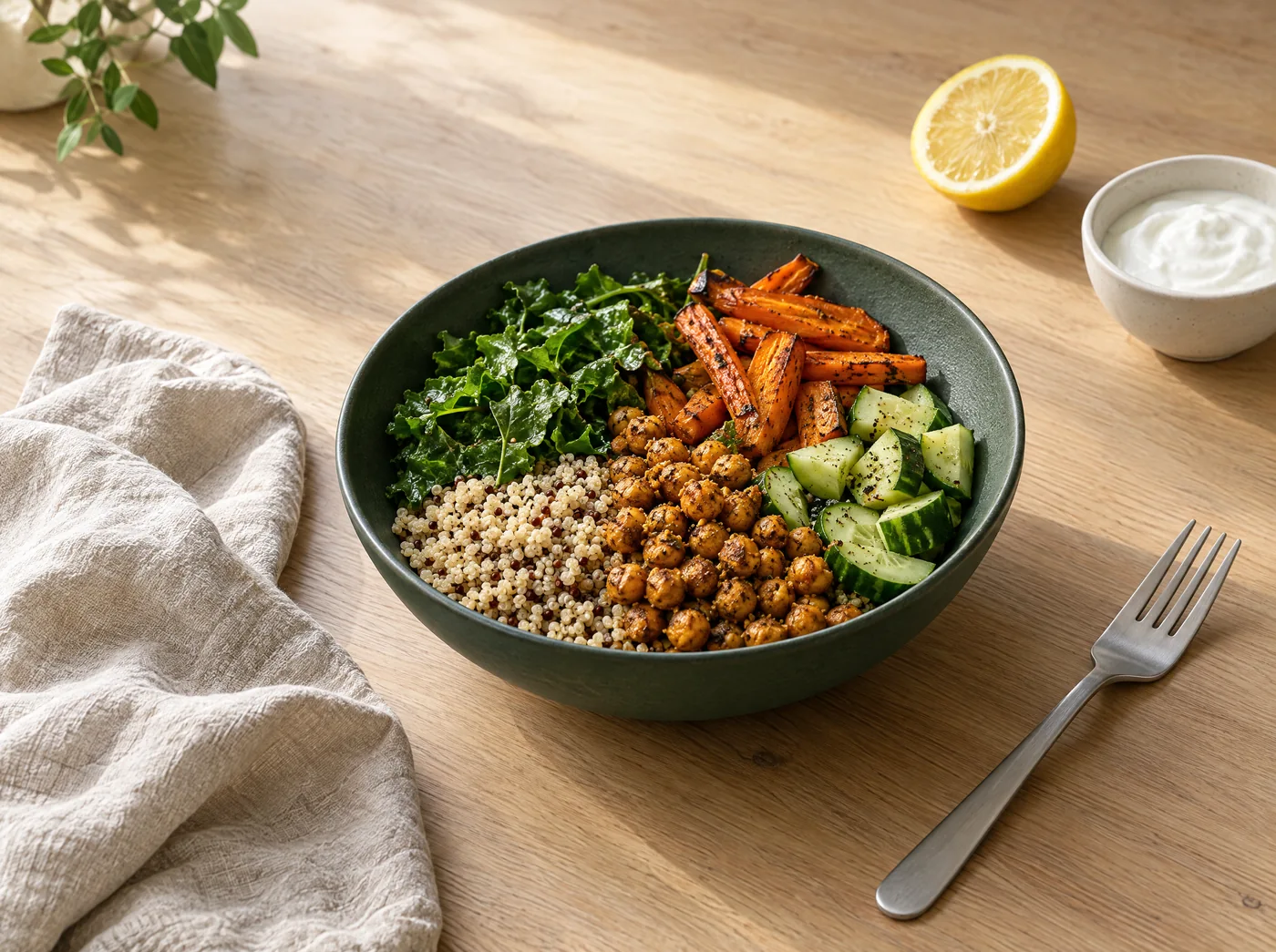 Illustrative bowl of grains, chickpeas, and vegetables on a cream linen table
